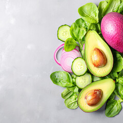 An arrangement of fresh avocado halves, spinach, cucumbers, and red onion on gray background.