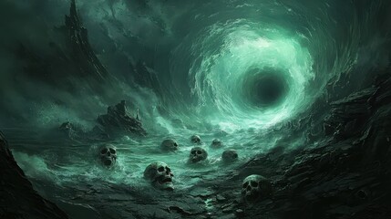 Dark Fantasy Landscape with Mysterious Green Portal and Skulls