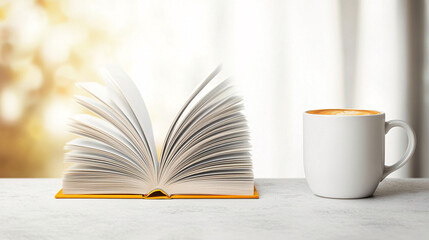 An open book resting next to a mug of coffee creates a relaxing and peaceful atmosphere.