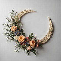 Crescent moon with floral wreath for Eid, white background