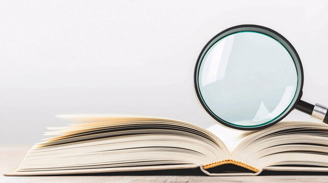 Magnifying glass rests on open book providing a detailed view of learning and discovery process.