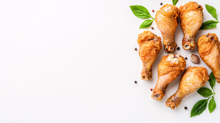 Crispy golden fried chicken drumsticks arranged with fresh basil leaves on a white backdrop now.
