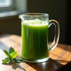 Pouring Green Juice in Glass Pitcher with Fresh Leaves