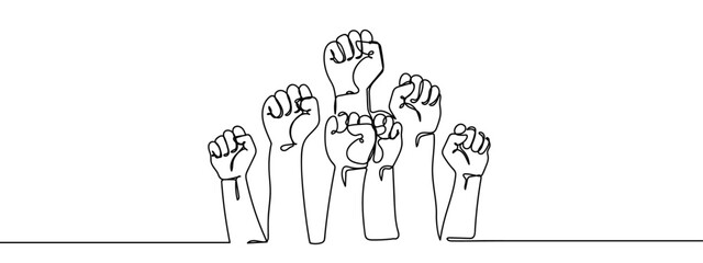 Continuous lines, multiple hands raising fists Line Art Vector Transparent Background Edit Stroke.