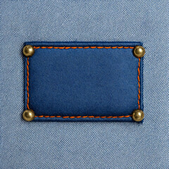 Close-Up Stitched Denim Patch with Rivets on Blue Diagonal Stripe Fabric