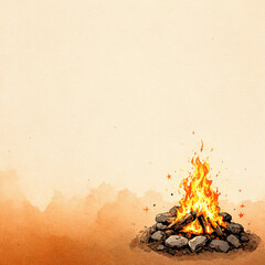 Cozy Campfire Under Starlit Sky, Watercolor Warm Gradient Background, Outdoor Camping Scene