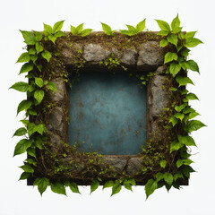 Ancient Stone Frame with Green Vines and Leaves, Rustic Natural Portal, Medieval Decorative Element