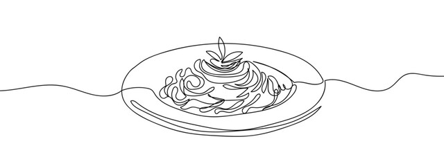 Continuous spaghetti on a plate Line Art Vector Transparent Background Edit Stroke.
