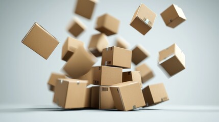 A pile of cardboard boxes falling against a white background.
