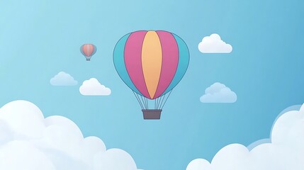 Fototapeta premium Two colorful hot air balloons float among fluffy clouds in a light blue sky.