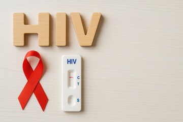Awareness and Testing for HIV with Red Ribbon, Test Kit, and Wooden Letters on Neutral Background for Educational Purposes