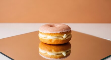 A donut placed on a mirror, side perspective
