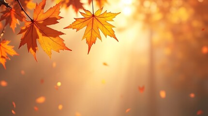 Golden autumn leaves falling in warm sunlight. Serene fall foliage composition, perfect for seasonal backgrounds and nature-themed projects.