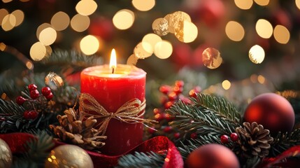 A lit red candle with a gold ribbon and pine cones on a festive Christmas wreath with red and gold ornaments and lights in the background.