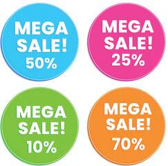 A set of four colorful circular Mega Sale badges, featuring varying percentage discounts (50%, 25%, 10%, 70%).