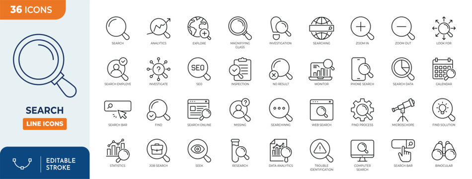 Search icon set. Containing magnifying glass, find, research, SEO, investigate, and more. Outline Icon Collection. Editable stroke. Vector illustration	