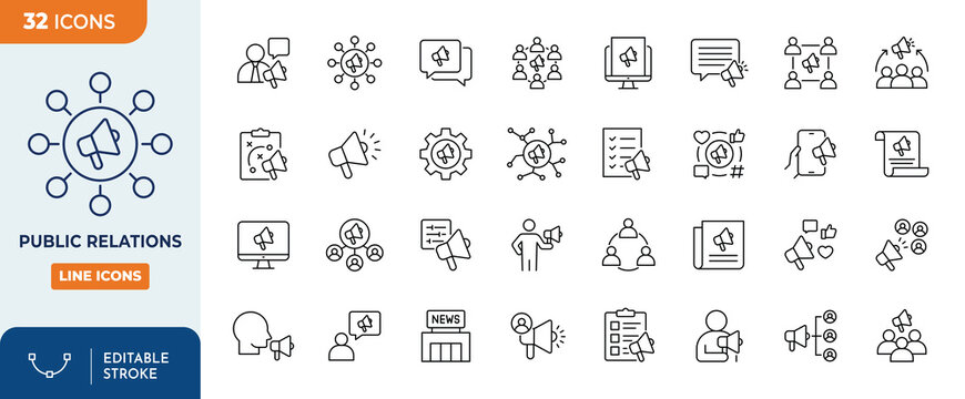 Public relations icon set. Contain icons related to pr, public relations, and more. Outline Icon Collection. Editable stroke. Vector illustration	