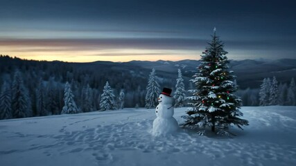 Snowy Wonderland: A snowman stands proudly beside a Christmas tree on a snow-covered hill, capturing the serenity and the magical atmosphere of a cold winter scene. - Powered by Adobe