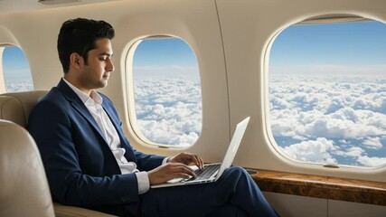 Businessman working on laptop in private jet cabin - Powered by Adobe