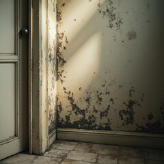 weathered wall displays extensive dark mold growth alongside a wooden door.