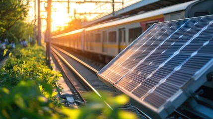 Close up of solar-powered commuter rail systems using clean energy to power trains and improve public transportation infrastructure while reducing carbon emissions in urban areas