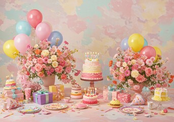 Birthday party celebration with cake gifts and balloons