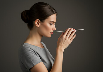 Fototapeta premium Side profile of a young woman artist holding a paintbrush near her face, focused and thoughtful, against a dark background.