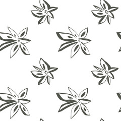 Green whimsical star anise pattern drawn by hand with organic line on white seamless background for natural design