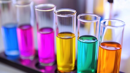 Test tubes with colorful liquids in a laboratory setting.