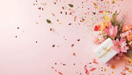 A heartfelt gesture of love and connection, this festive flat lay features a beautiful gift box with flowers and confetti on a pink background