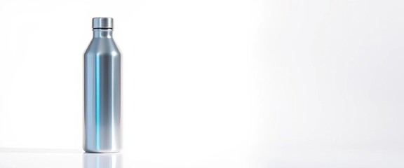 Fototapeta premium Sleek silver water bottle, gleaming on pristine white background, reusable, silver