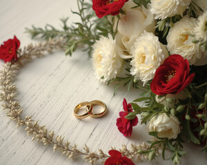 Two gold wedding rings rest on a floral wreath against a light wooden surface.
