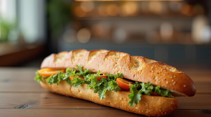 fresh baguette sandwich is displayed on a wooden surface.