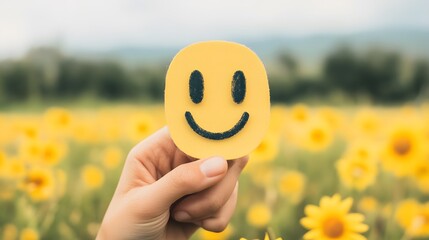 A yellow smiley face held against a backdrop of sunflowers.