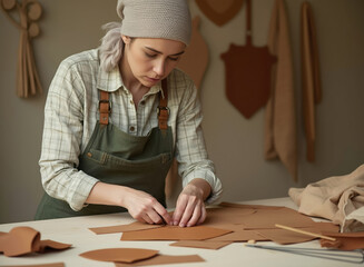 woman carefully cuts a piece of brown leather on a wooden table.