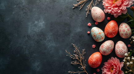 Pink flowers and decorated eggs adorn a dark grey surface.