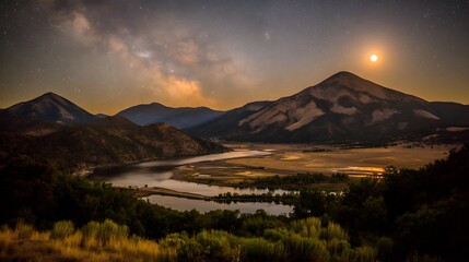 Moonlit mountain lake under starry sky