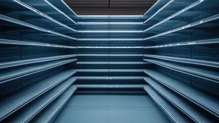 Obraz premium Empty shelves in a grocery store with blue lighting.