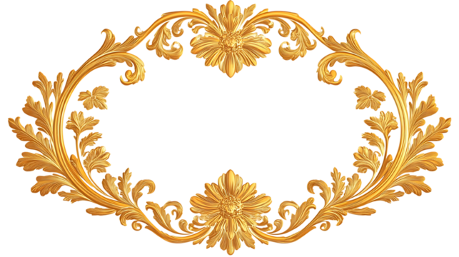 Ornate golden floral frame with oval shape on transparent background.