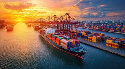A large cargo ship with colorful containers docked at a bustling port at sunset, with a city skyline in the background.