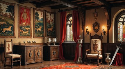 Naklejka premium medieval interior featuring stone walls, wooden beams, rustic furniture and warm candle or torch lighting. natural materials, aged textures and traditional architectural elements create an authentic h
