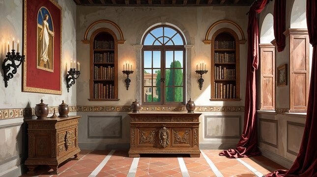 medieval interior featuring stone walls, wooden beams, rustic furniture and warm candle or torch lighting. natural materials, aged textures and traditional architectural elements create an authentic h