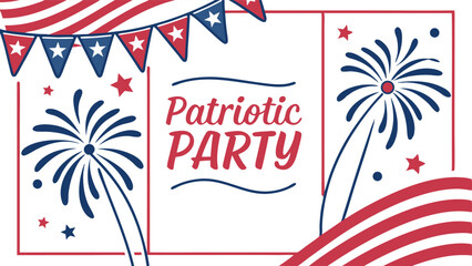 Obraz premium Patriotic party invitation with fireworks, bunting, and american flag elements in red, white, and blue