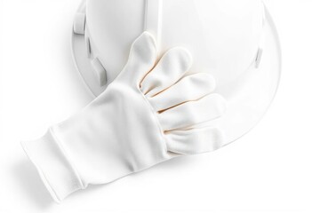 Obraz premium A pair of pristine white cotton work gloves and a hard hat, isolated on white, protection, manufacturing