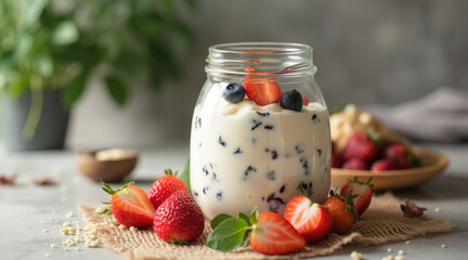jar filled with creamy yogurt topped with blueberries and sliced strawberries.