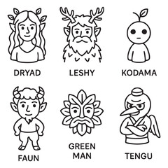 Forest Mythical Spirits Icons – Black and White Nature Guardian Set