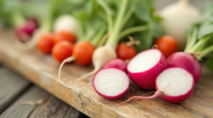Fresh radishes and small tomatoes rest on a rustic wooden board.