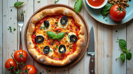 rustic pizza sits on a wooden board with various toppings and utensils.