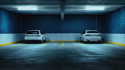Obraz premium Two white cars parked in a dark, empty parking garage with blue lighting.