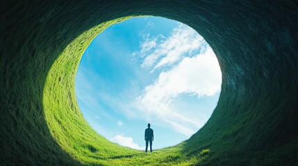 Person Standing at the Edge of Green Circular Pit